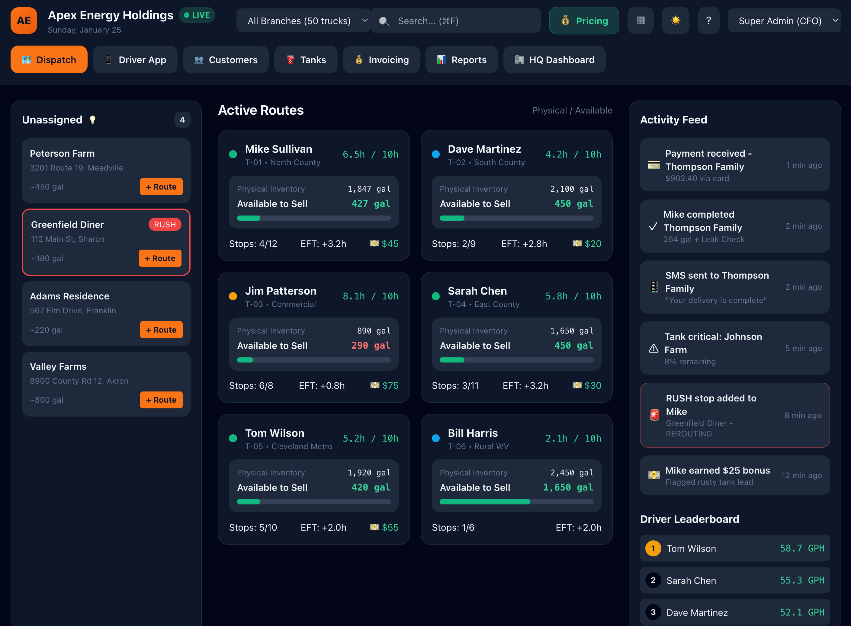 Dispatch Board - Real-time route management with driver tracking